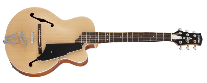 This is an official product photo of Vox's Giulietta guitar.

It's a top-down view of an archtop guitar, in a natural finish. There are f-holes on either side of the top, a floating bridge, and black pick guard.

No pickups are visible.