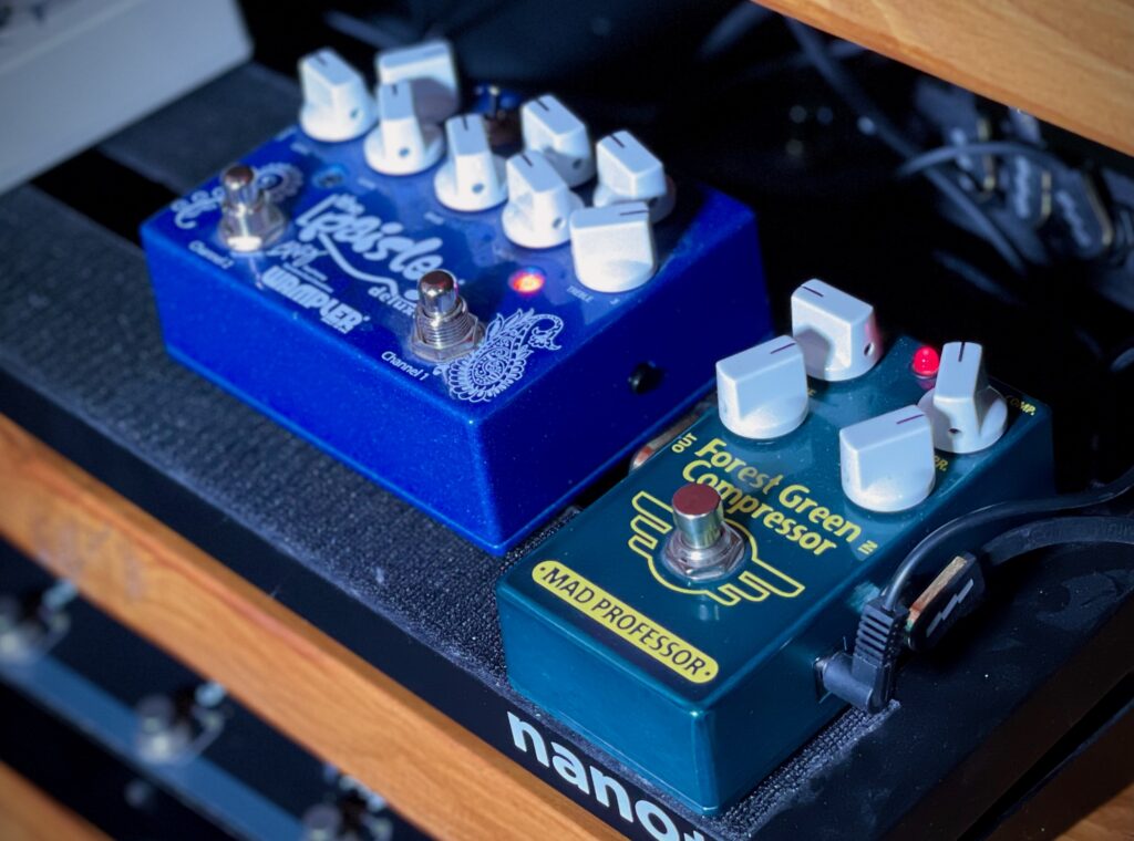 This photo shows two pedals on my pedalboard.

On the left is the Paisley Drive Deluxe, made by Wampler Pedals. It has two foot switches, one to activate each side of the pedal.

On the right is the Forest Green Compressor, by Mad Professor. This just has the one foot switch.