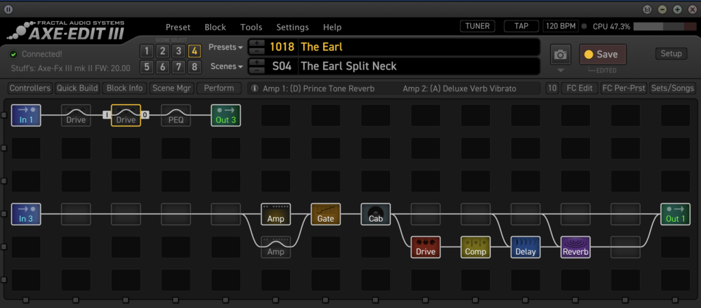 This image shows the signal chain in the Axe FX 3. 

The main reason for including the image is to show that the Timmy Drive and EQ block are currently switched off in the Axe FX 3.