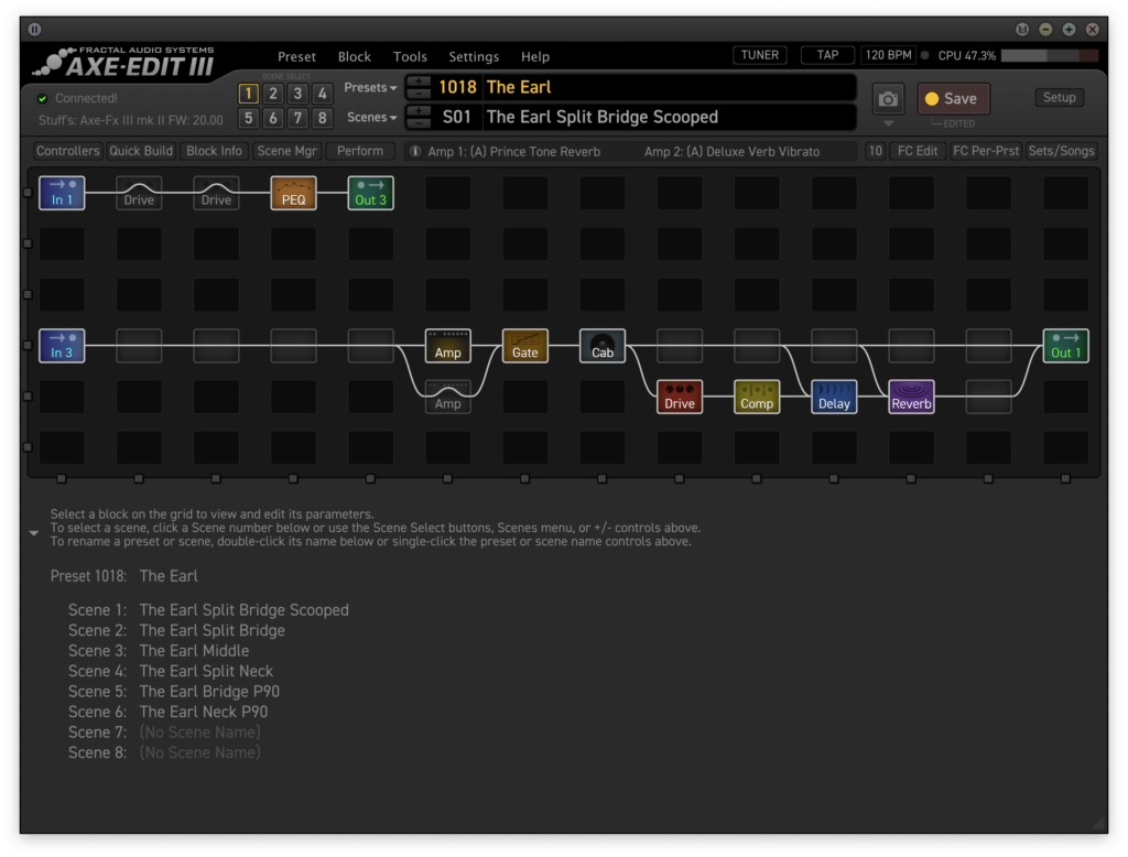 This is a screenshot of my Axe FX 3 preset.

The top-half of the image shows a grid containing two signal chains (the virtual pedal board, and then the virtual amp + delay & reverb effects).

The bottom half of the image shows the names of each scene within the preset. There are six scenes, tailored for the different tonal options that the Paul's Guitar has to offer.