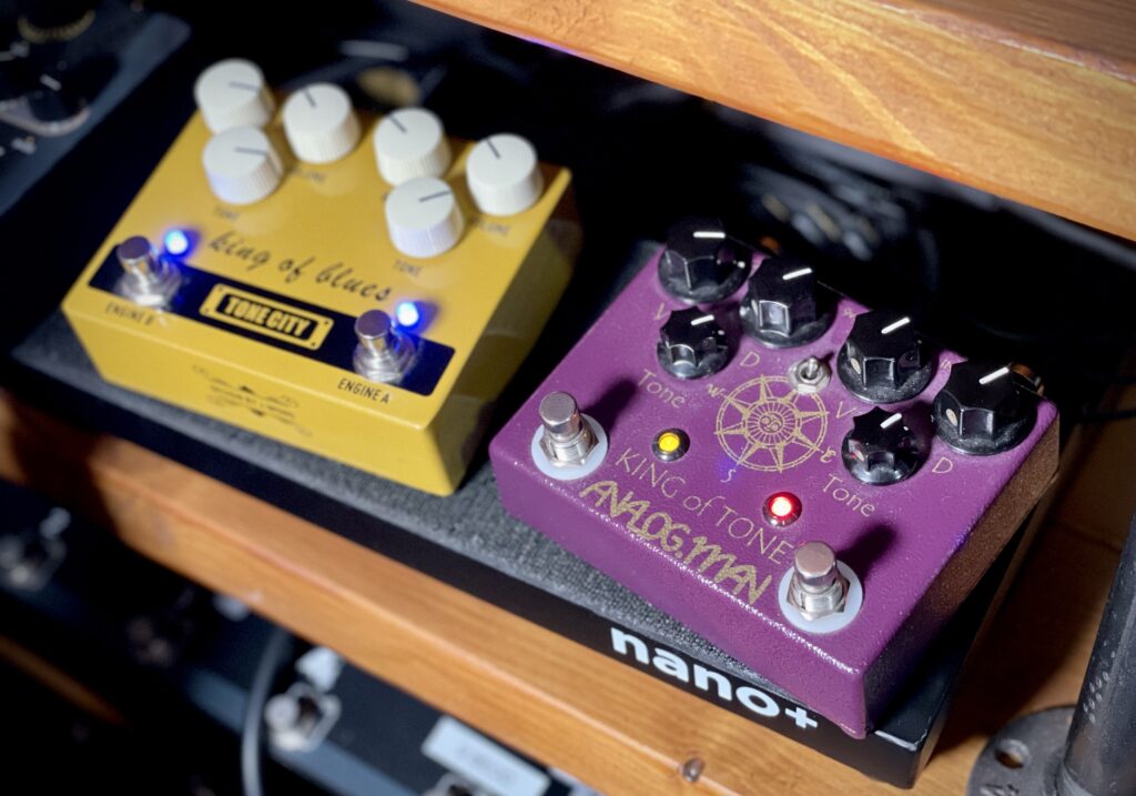 This photo shows the Tone City King of Blues overdrive pedal on my pedalboard, next to my Analogman King of Tone overdrive pedal.