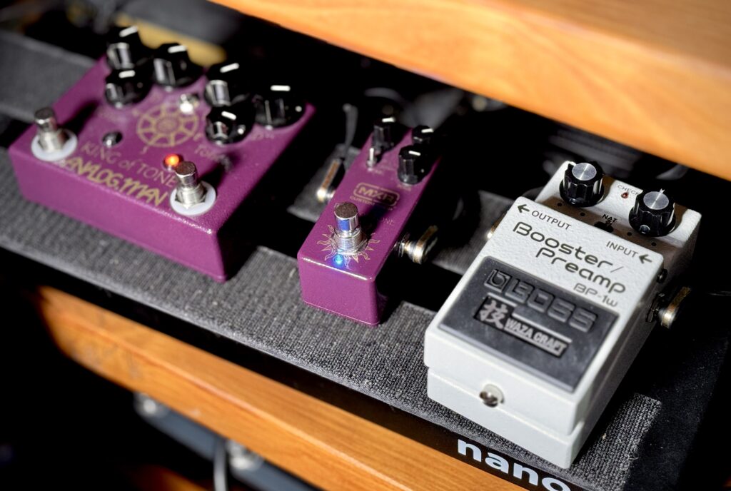 This photo shows the MXR Duke of Tone mini-pedal on my pedalboard.