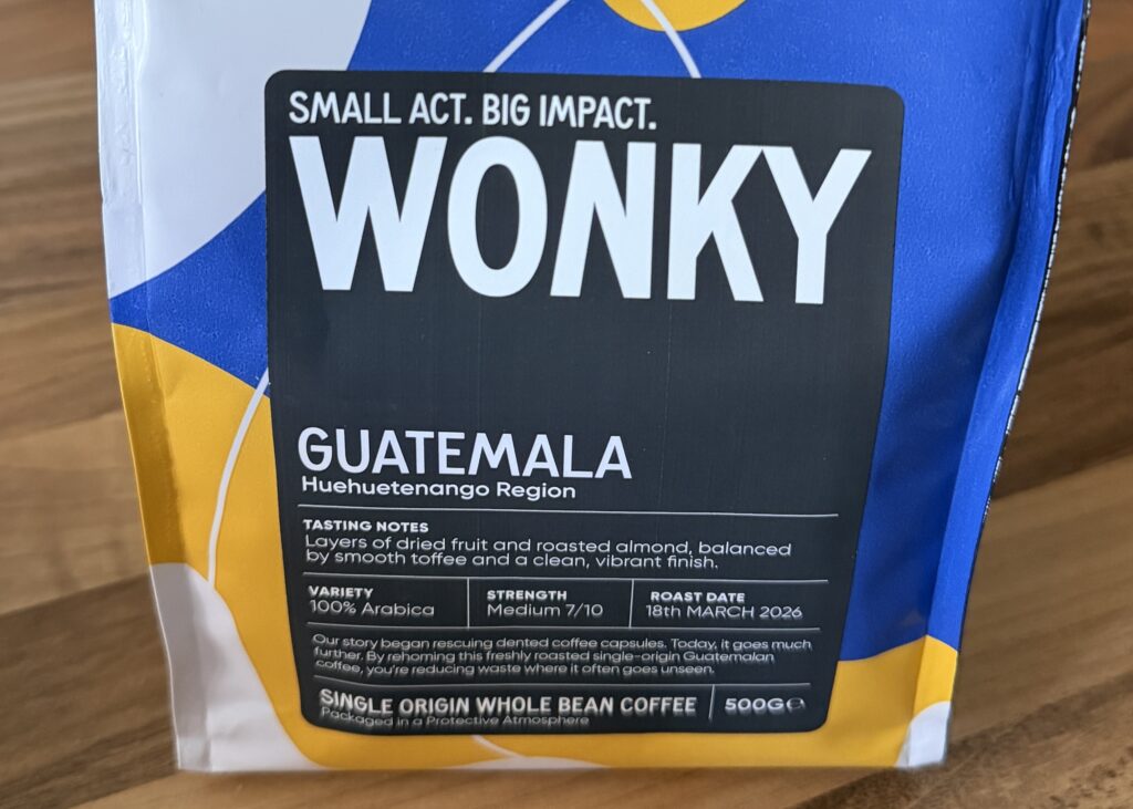 This is a photo of the label on a bag of coffee beans.

It confirms that Stu's drinking single-origin coffee beans from the Guehuetenango region of Guatemala, as sold by Wonky Coffee.