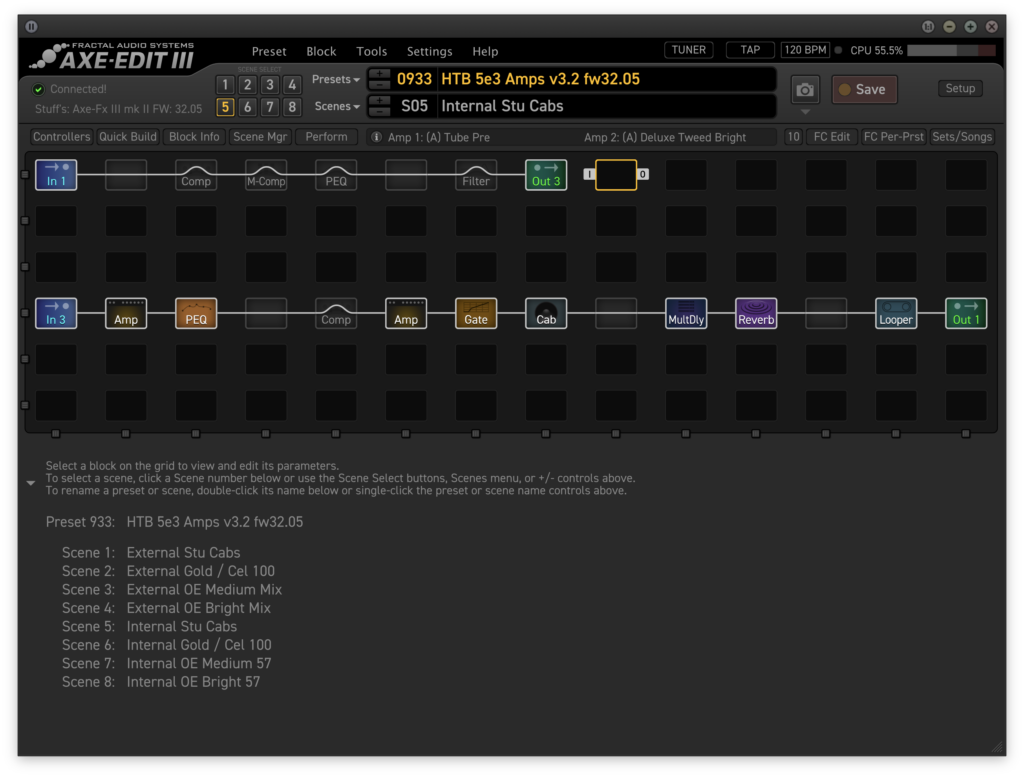 This is a screenshot of Axe-Edit, the desktop editor for the Axe-FX 3.
Axe-Edit shows each preset as a grid layout. Users place blocks onto the grid, and then connect these blocks (from left to right) so that audio is routed from input to output.
Axe-FX 3 presets contains up to 8 scenes. Each scene shares the same grid, but individual blocks can be configured differently or even totally bypassed from scene to scene.
This screenshot shows Scene 5, called "Internal Stu Cabs".
The only difference between this and the screenshot above is that there is a second Amp block active. It sits on Row 4, immediately after the signal comes in from Input 3.
